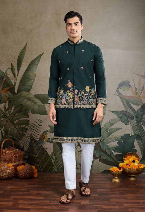 Stylish Green Men's Kurta Koti Set – Trendy & Elegant